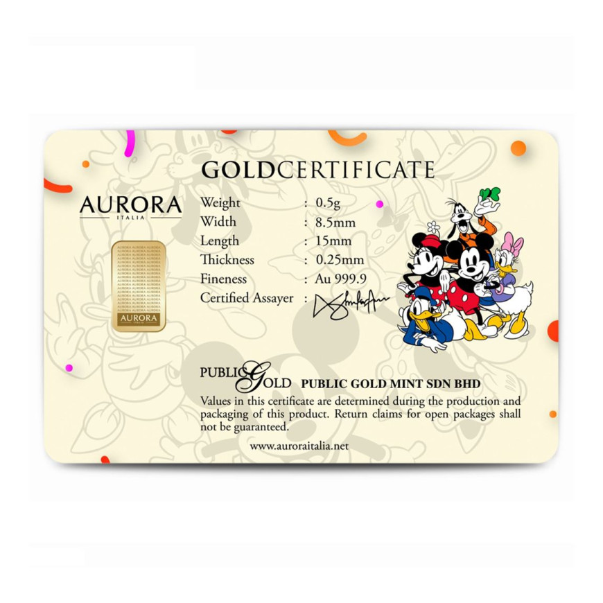 PUBLIC GOLD | AURORA ITALIAS UNIQUE | MICKEY AND FRIENDS | CONGRATULATIONS | 0.5G GOLD 999.9