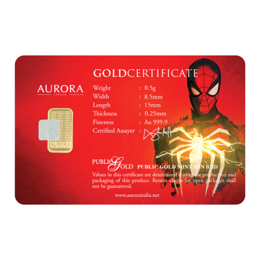 PUBLIC GOLD | AURORA ITALIAS UNIQUE | MARVEL | SPIDER-MAN | SWING ON | 0.5G GOLD 999.9